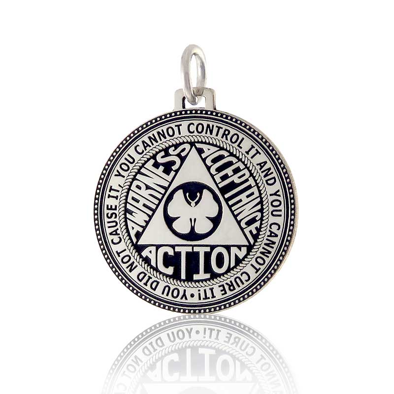 (image for) Silver AlAnon Disc Pendant featuring Awareness, Acceptance and Action